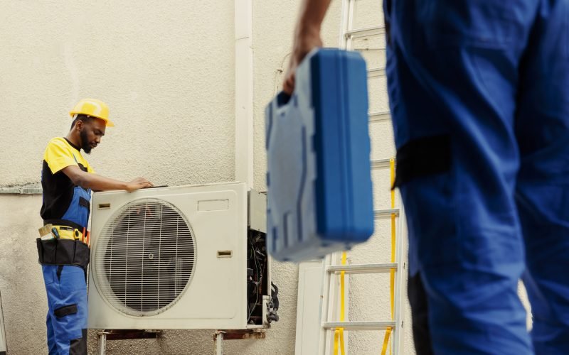 Engineer arriving on location to help apprentice mend busted electric coils in damaged external air conditioner. Technicians comissioned to prevent internal parts breakdowns, ensuring timely repair